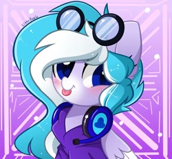 Size: 1440x1337 | Tagged: safe, artist:kittyrosie, derpibooru import, oc, oc only, oc:skydrive, pegasus, pony, blushing, clothes, cute, goggles, headphones, headset, hoodie, looking at you, microphone, raspberry, smiling, solo, tongue, tongue out