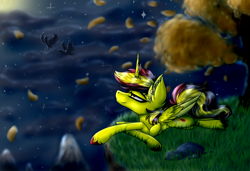 Size: 4000x2738 | Tagged: safe, artist:beamybutt, derpibooru import, oc, oc only, alicorn, pony, alicorn oc, ear fluff, ears, eyelashes, floating island, horn, leaves, lying down, outdoors, prone, smiling, solo, tree, wings