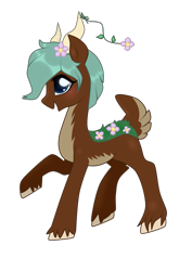 Size: 1485x2097 | Tagged: safe, artist:kaikururu, derpibooru import, oc, oc only, deer, deer pony, original species, pony, flower, flower in hair, horns, raised hoof, raised leg, simple background, transparent background, unshorn fetlocks