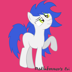 Size: 2362x2362 | Tagged: safe, artist:pisklakozaur, derpibooru import, oc, oc only, earth pony, pony, blue mane, blue tail, earth pony oc, female, green eyes, high res, hooves, mare, raised hoof, raised leg, red background, simple background, solo, standing, tail, wavy mouth