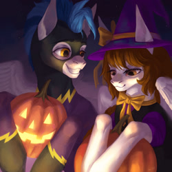 Size: 1280x1280 | Tagged: safe, artist:inarimayer, derpibooru import, oc, oc only, oc:aerial aim, oc:whirlwind flux, pegasus, pony, bust, clothes, costume, duo, female, grin, halloween, holiday, jack-o-lantern, male, mare, pegasus oc, pumpkin, shadowbolts costume, smiling, stallion, wings, witch