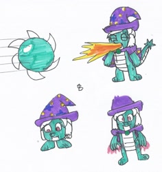 Size: 1273x1350 | Tagged: safe, artist:spaton37, derpibooru import, trixie, dragon, ball, barbs, brooch, cape, clothes, dragonified, fire, fire breath, goomba, goombafied, hat, jewelry, magic, rolling, species swap, spin dash, super mario bros., traditional art, trixie's brooch, trixie's cape, trixie's hat, trixieball, trixiedragon