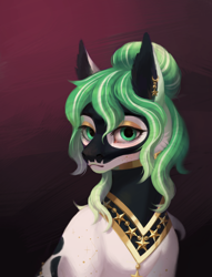 Size: 1950x2550 | Tagged: safe, artist:inarimayer, derpibooru import, oc, oc only, earth pony, pony, bust, clothes, ear piercing, earth pony oc, gradient background, piercing, smiling, solo