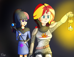 Size: 3080x2381 | Tagged: safe, artist:film77asq, derpibooru import, sci-twi, sunset shimmer, twilight sparkle, equestria girls, armor, chainmail, clothes, dark, duo, female, human coloration, knight, lamp, lantern, mage, staff