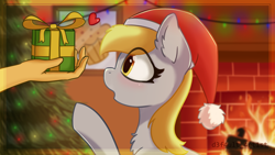 Size: 7111x4000 | Tagged: safe, artist:d3f4ult_4rt1st, derpibooru import, derpy hooves, human, pegasus, pony, blushing, chest fluff, christmas, christmas lights, christmas tree, ear fluff, ears, eyes on the prize, featured image, female, fireplace, food, hand, hat, heart, holiday, looking at something, mare, muffin, offscreen character, offscreen human, painting, picture, present, santa hat, solo focus, tree