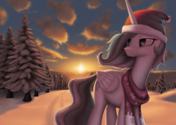 Size: 1955x1384 | Tagged: safe, artist:suhar, derpibooru import, princess celestia, alicorn, pony, christmas, christmas tree, clothes, cloud, female, forest, hat, holiday, horn, mare, santa hat, scarf, sky, snow, solo, sun, sunrise, tail, tree, wings, winter