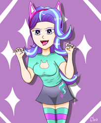 Size: 2050x2500 | Tagged: safe, artist:film77asq, derpibooru import, starlight glimmer, equestria girls, clothes, female, human coloration, open mouth, skirt, socks, solo, stockings, striped socks, thigh highs, tongue, tongue out