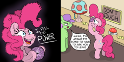 Size: 1950x978 | Tagged: safe, artist:pony-thunder, derpibooru import, pinkie pie, earth pony, pony, bipedal, button, comic, epic fail, fail, female, lamp, mare, plasma ball, staples