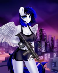 Size: 1024x1280 | Tagged: safe, alternate version, artist:shooshaa, derpibooru import, oc, oc only, oc:hot breach, anthro, pegasus, ar15, big breasts, breasts, city, cityscape, cleavage, clothes, commission, female, fingerless gloves, gloves, gun, jpg, looking at you, rifle, rooftop, shorts, solo, tanktop, twilight (astronomy), weapon, wings