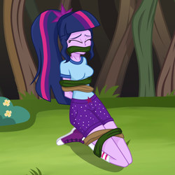 Size: 2000x2000 | Tagged: safe, artist:splendidbondage, derpibooru import, sci-twi, twilight sparkle, equestria girls, ankle tied, bondage, bound and gagged, clothes, converse, eyes closed, gag, kneeling, shoes, sneakers, solo