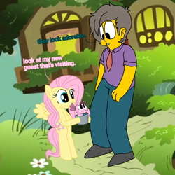 Size: 2048x2048 | Tagged: safe, artist:haileykitty69, derpibooru import, fluttershy, human, pegasus, pony, axolotl, bipedal, crossover, female, interspecies, mare, seymour skinner, the simpsons