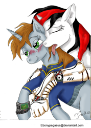 Size: 722x1014 | Tagged: safe, artist:ebonypegasus, derpibooru import, oc, oc:blackjack, oc:littlepip, pony, unicorn, fallout equestria, fallout equestria: project horizons, amputee, blushing, clothes, duo, eyes closed, fanfic art, female, lesbian, licking, mare, mare on mare, prosthetics, simple background, tongue, tongue out, transparent background, vault suit