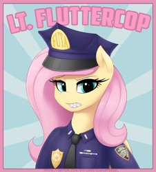 Size: 1000x1107 | Tagged: safe, alternate version, artist:augustbebel, derpibooru import, fluttershy, pegasus, semi-anthro, bust, clothes, fluttercop, hat, necktie, police, police hat, police officer, police pony, police uniform, portrait, sharp teeth, solo, teeth, uniform