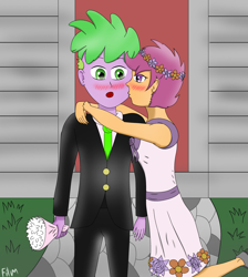 Size: 2304x2576 | Tagged: safe, artist:film77asq, derpibooru import, scootaloo, spike, equestria girls, blushing, clothes, dress, duo, equestria girls-ified, female, floral head wreath, flower, human spike, kissing, male, scootaspike, shipping, spike the human, straight, suit