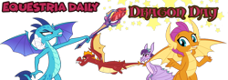 Size: 1000x350 | Tagged: safe, derpibooru import, garble, princess ember, prominence, smolder, dragon, banner, equestria daily, simple background, spread wings, stars, text, transparent background, wings