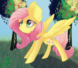 Size: 1003x873 | Tagged: safe, artist:greenmarta, artist:valliatthedisco, derpibooru import, fluttershy, pegasus, pony, collaboration, apple, apple tree, female, mare, solo, tree