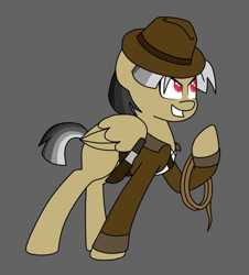 Size: 800x886 | Tagged: safe, artist:kb-gamerartist, derpibooru import, daring do, pegasus, pony, alternate hairstyle, black background, clothes, coat, fedora, female, grin, hat, knife, mare, raised hoof, raised leg, redesign, simple background, smiling, solo, whip