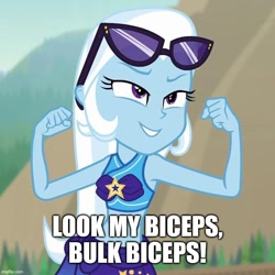 Size: 738x738 | Tagged: safe, derpibooru import, edit, edited screencap, screencap, trixie, better together, equestria girls, forgotten friendship, biceps, bikini, caption, clothes, image macro, implied bulk biceps, sarong, swimsuit, text