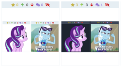 Size: 631x349 | Tagged: safe, derpibooru import, edit, edited screencap, screencap, starlight glimmer, trixie, pony, unicorn, better together, equestria girls, forgotten friendship, season 8, the parent map, biceps, bikini, caption, clothes, derpibooru, female, image macro, implied bulk biceps, juxtaposition, juxtaposition win, juxtapositionception, mare, meme, meta, not a vector, sarong, simple background, solo, swimsuit, text, transparent background