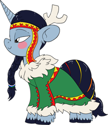 Size: 1731x2000 | Tagged: safe, artist:northernlightsone, derpibooru exclusive, derpibooru import, oc, oc only, oc:hokosya, pony, unicorn, antlers, blushing, clothes, coat, female, mare, simple background, solo, transparent background, unshorn fetlocks