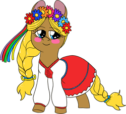 Size: 2204x2000 | Tagged: safe, artist:northernlightsone, derpibooru exclusive, derpibooru import, oc, oc only, oc:sonyasha, earth pony, pony, blushing, braid, clothes, dress, female, floral head wreath, flower, mare, shirt, simple background, skirt, solo, transparent background, ukraine