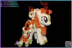 Size: 1095x730 | Tagged: safe, artist:kiashone, derpibooru import, autumn blaze, kirin, advertisement, autumn plenty, black background, irl, multeity, photo, plushie, qr code, simple background, text