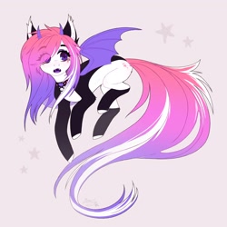 Size: 2048x2048 | Tagged: safe, artist:lomilykohi, oc, oc only, bat pony, pony, bat pony oc, blank flank, choker, fangs, female, long tail, mare, open mouth, pink background, simple background, solo, stars