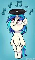 Size: 968x1652 | Tagged: safe, artist:heretichesh, derpibooru import, dj pon-3, vinyl scratch, pony, unicorn, bipedal, blushing, cute, female, filly, filly vinyl scratch, foal, gradient background, looking up, music notes, record, smiling, solo, vinylbetes, younger