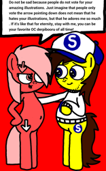 Size: 600x964 | Tagged: safe, artist:sebtheartist, derpibooru import, oc, oc:downvote, oc:ponyseb, pegasus, pony, bipedal, cap, comforting, deleted from derpibooru, derpibooru, derpibooru ponified, duo, hat, looking at each other, meta, ponified, red background, simple background, speech bubble