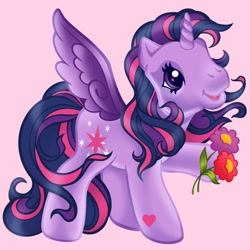 Size: 1280x1280 | Tagged: safe, artist:horse-time-babey, derpibooru import, twilight sparkle, twilight sparkle (alicorn), alicorn, pony, g3, female, flower, flowing mane, g4 to g3, generation leap, hoof heart, simple background, solo, style emulation