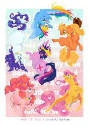 Size: 640x904 | Tagged: safe, artist:maskrosfe, derpibooru import, applejack, fluttershy, pinkie pie, rainbow dash, rarity, twilight sparkle, pony, butt, description is relevant, element of generosity, element of honesty, element of kindness, element of laughter, element of loyalty, element of magic, elements of harmony, female, floating, group, mane six, plot, simple background, text