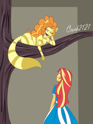 Size: 1280x1715 | Tagged: safe, artist:crock2121, derpibooru import, adagio dazzle, sunset shimmer, cat, human, better together, equestria girls, alice in wonderland, cheshire cat, clothes, dress, female, pinafore, simple background, tree, tree branch, white background