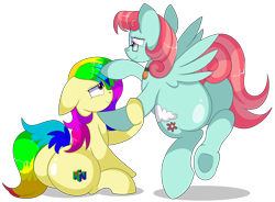 Size: 9500x7000 | Tagged: safe, artist:rainbowtashie, derpibooru import, posey shy, windy whistles, oc, oc:gentle breeze, oc:rainbow tashie, earth pony, pegasus, pony, butt, commissioner:bigonionbean, cutie mark, dummy thicc, extra thicc, female, flank, flying, fusion, fusion:gentle breeze, glasses, mare, plot, simple background, sitting, thicc ass, transparent background, writer:bigonionbean