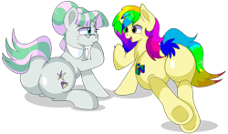 Size: 8700x5100 | Tagged: safe, artist:rainbowtashie, derpibooru import, cloudy quartz, twilight velvet, oc, oc:glossy granite, oc:rainbow tashie, earth pony, pony, unicorn, butt, commissioner:bigonionbean, cutie mark, dummy thicc, extra thicc, female, flank, fusion, fusion:glossy granite, glasses, lying down, mare, plot, simple background, thicc ass, transparent background, writer:bigonionbean