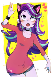 Size: 2144x3200 | Tagged: safe, artist:nendo, derpibooru import, starlight glimmer, equestria girls, abstract background, blushing, breasts, cat ears, choker, cute, cute little fangs, eye clipping through hair, eyebrows, fangs, female, glimmerbetes, high res, looking up, open mouth, solo, tail, whiskers