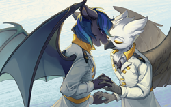Size: 2530x1590 | Tagged: safe, artist:莫衡, derpibooru import, oc, oc only, oc:nocturne star, oc:tristan alastair, anthro, bat pony, griffon, pony, beak, blue hair, blue mane, chest fluff, claws, clothes, couple, duo, gay, gray coat, grey fur, griffon oc, half body, hand, holding hands, love, male, military uniform, oc x oc, peaceful, purple eyes, shipping, smiling, smirk, spread wings, suit, uniform, wallpaper, white coat, white fur, white shirt, wings