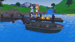 Size: 1280x720 | Tagged: safe, derpibooru import, screencap, sci-twi, sunset shimmer, twilight sparkle, equestria girls, boat, camp everfree outfits, dock, eddy misbehaves at camp goville, female, goanimate, lake, lesbian, lifejacket, roblox, scitwishimmer, shipping, sunsetsparkle, tree, walking