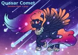 Size: 2048x1431 | Tagged: safe, artist:magoconut, derpibooru import, princess luna, rainbow dash, oc, oc only, oc:quasar comet, pegasus, pony, bismuth, colored wings, colors, comet, eyebrows, eyebrows visible through hair, female, flowing mane, flowing tail, fusion, jewelry, looking at you, mare, multicolored hair, multicolored wings, night, night sky, pegasus oc, sky, smiling, smiling at you, solo, spread wings, stars, tail, watermark, wings