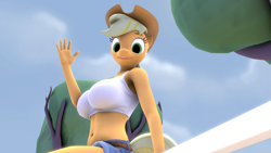 Size: 1920x1080 | Tagged: safe, artist:skippyarts, derpibooru import, applejack, anthro, earth pony, 3d, applejack's hat, applerack, big breasts, breasts, clothes, cowboy hat, female, hat, looking at you, mare, sexy, solo, source filmmaker, stupid sexy applejack