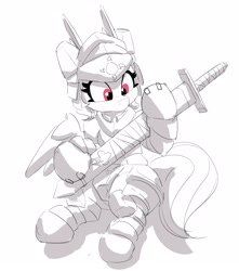 Size: 2580x2919 | Tagged: safe, artist:pabbley, derpibooru import, rainbow dash, pegasus, pony, armor, female, grayscale, mare, monochrome, neo noir, partial color, simple background, sitting, solo, sword, weapon, white background