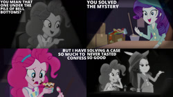 Size: 1280x720 | Tagged: safe, derpibooru import, edit, edited screencap, editor:quoterific, screencap, pinkie pie, rarity, better together, equestria girls, rarity investigates: the case of the bedazzled boot, clothes, cutie mark on clothes, duo, duo female, eating, female, food, geode of sugar bombs, jewelry, magical geodes, necklace, open mouth, open smile, rarity investigates (eqg): pinkie pie, smiling, tanktop