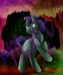 Size: 1636x1960 | Tagged: safe, artist:suunshiin, derpibooru import, earth pony, dark background, digital art, dramatic lighting, dramatic pose, forest, hoers, lineless, painting