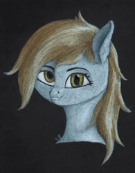 Size: 2294x2947 | Tagged: safe, artist:myzanil, derpibooru import, derpy hooves, pegasus, pony, bust, colored pencil drawing, derp, high res, looking at you, portrait, smiling, smiling at you, solo, traditional art