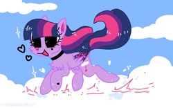 Size: 1092x682 | Tagged: safe, artist:computershits, derpibooru import, twilight sparkle, blushing, chest fluff, choker, cloud, colored wings, electricity, female, galloping, heart, heart hoof, magic, race swap, running, solo, sparkle, two toned wings, underhoof, wings