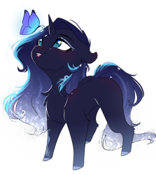 Size: 2500x2800 | Tagged: safe, artist:bambudess, derpibooru import, oc, oc only, oc:mystic shadow, butterfly, pony, unicorn, chibi, cute, female, horn, looking at something, looking up, mare, open mouth, open smile, simple background, smiling, solo, transparent background