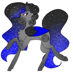 Size: 1500x1500 | Tagged: safe, artist:teonnakatztkgs, derpibooru import, oc, oc only, pegasus, pony, chest fluff, colored wings, ethereal mane, eyelashes, makeup, pegasus oc, raised hoof, raised leg, simple background, smiling, solo, starry mane, two toned wings, white background, wings