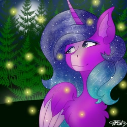 Size: 1500x1500 | Tagged: safe, artist:teonnakatztkgs, derpibooru import, oc, oc only, alicorn, firefly (insect), insect, pony, bust, chest fluff, ethereal mane, female, mare, outdoors, signature, smiling, solo, starry mane, stars, tree