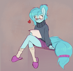 Size: 761x743 | Tagged: safe, artist:rexyseven, derpibooru import, oc, oc only, oc:whispy slippers, anthro, plantigrade anthro, blushing, clothes, female, glasses, heart, mare, round glasses, shoe dangling, sitting, slippers, smiling, socks, solo, sweater, turtleneck