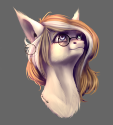 Size: 2070x2300 | Tagged: safe, artist:inarimayer, derpibooru import, oc, oc only, earth pony, pony, chest fluff, ear piercing, earring, earth pony oc, glasses, gray background, jewelry, looking up, piercing, simple background, smiling, solo