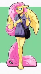 Size: 1080x1920 | Tagged: safe, artist:lrusu, derpibooru import, fluttershy, anthro, pegasus, unguligrade anthro, bag, clothes, female, grin, looking away, looking sideways, looking to side, looking to the right, mare, nervous, nervous grin, shirt, shorts, smiling, solo, spread wings, wings